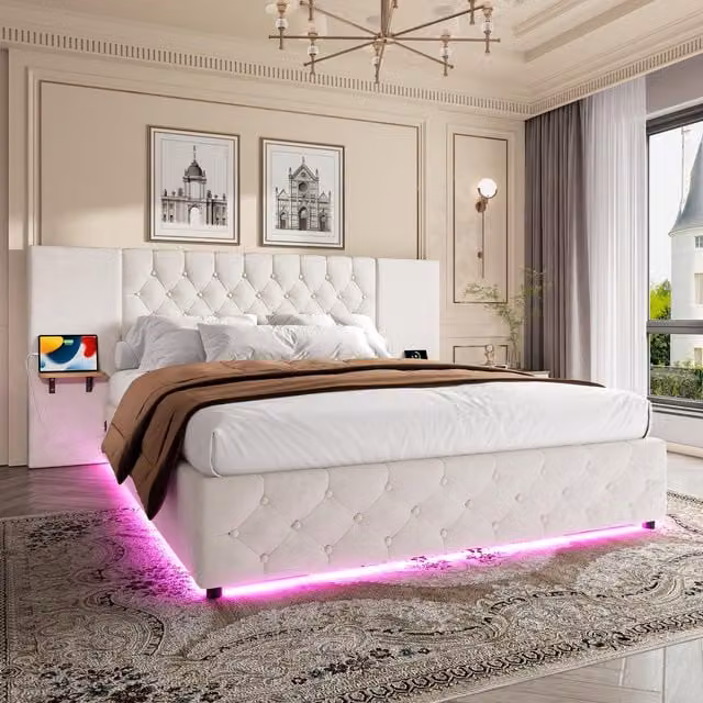 Aosom UK Modern Beige Upholstered Platform Bed with Hydraulic Lift System and Tufted Headboard, W/D/H: 135 x 190 x 103 cm