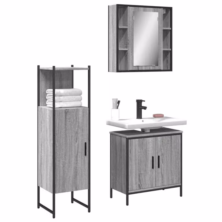 Berkfield Home 3 Piece Grey Bathroom Cabinet Set with Vanity Unit