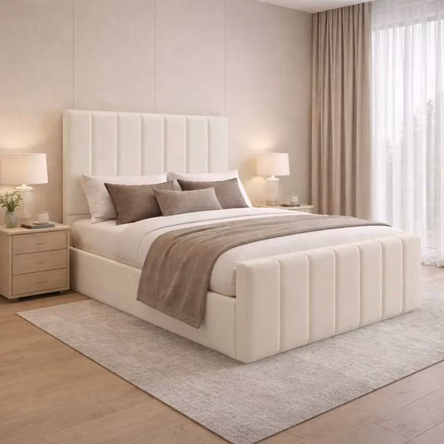 Desire Deco Eleanor Upholstered Storage Bed Frame with Lift Up Base in Beige