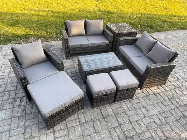 Fimous 8 Seater Rattan Garden Furniture Set in Dark Grey with Upholstered Cushions, Coffee Table, 3 Footstools and Side Table