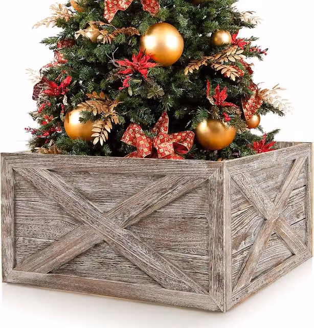 Costway Vintage Christmas Tree Collar Box in Dark Grey, Solid Wood Tree Stand Cover with Hook and Loop Fastener