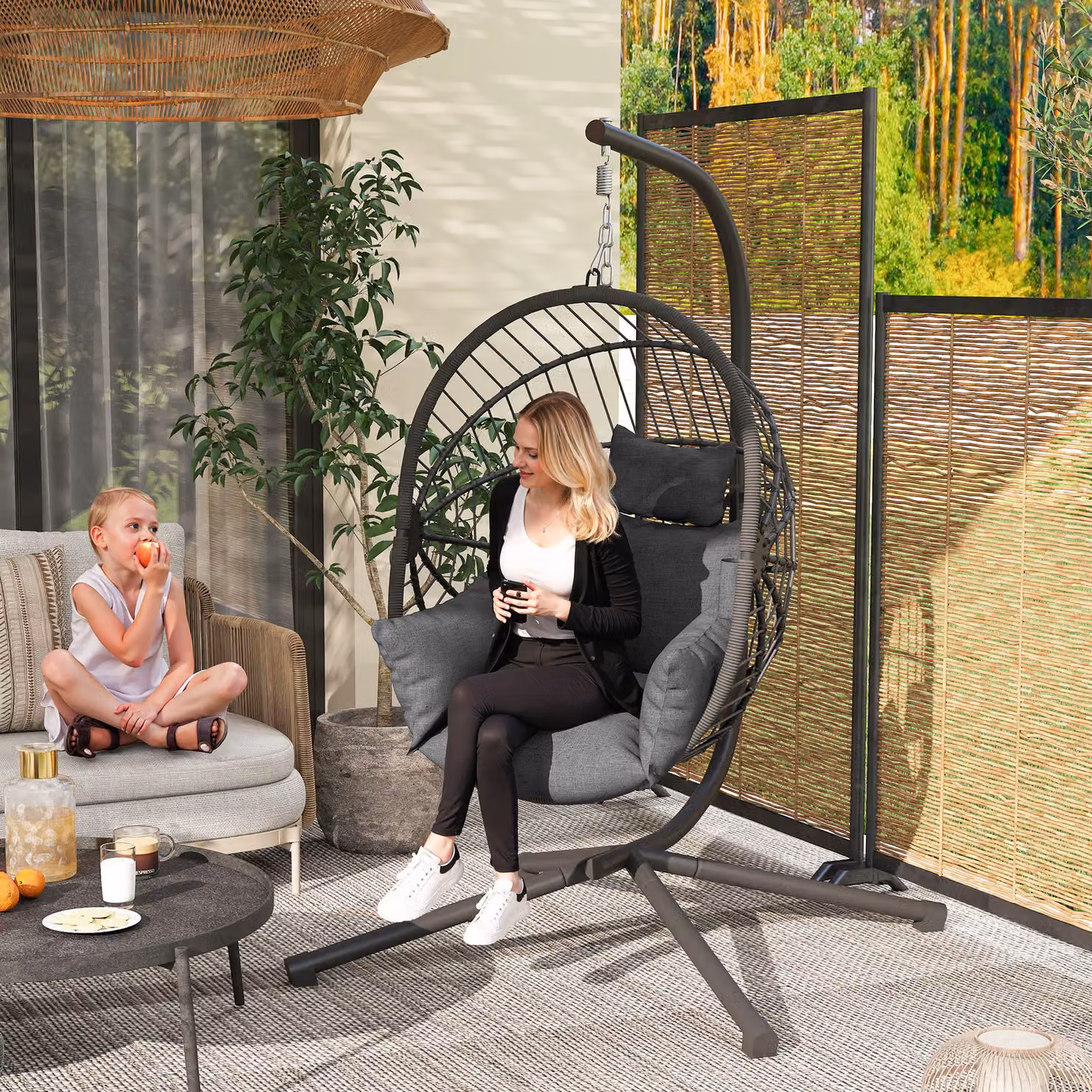 Outsunny Grey Outdoor Egg Swing Chair with Metal Stand and Padded Cushions – 2