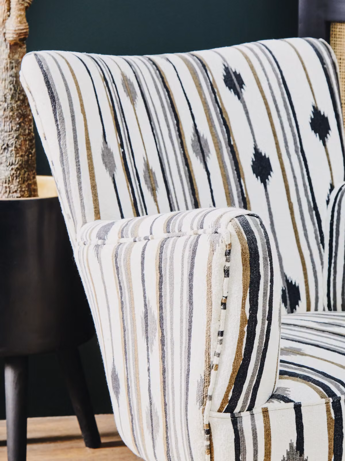 Fifty Five South Orsina Armchair with Black and White Geometric Fabric Upholstery and Mango Wood Legs – 3