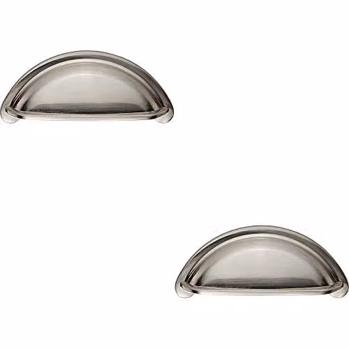 Loops 2 Pack Brushed Silver Shell Cabinet Cup Pull Handles, W: 9.4 cm, H: 4.15 cm, Fixing Centres: 7.6 cm