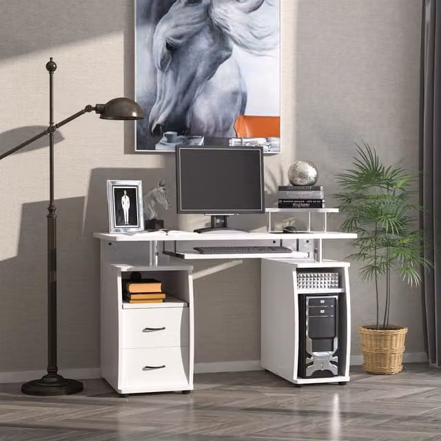 HOMCOM Modern Multi Storage Computer Work Desk with Keyboard Tray, White