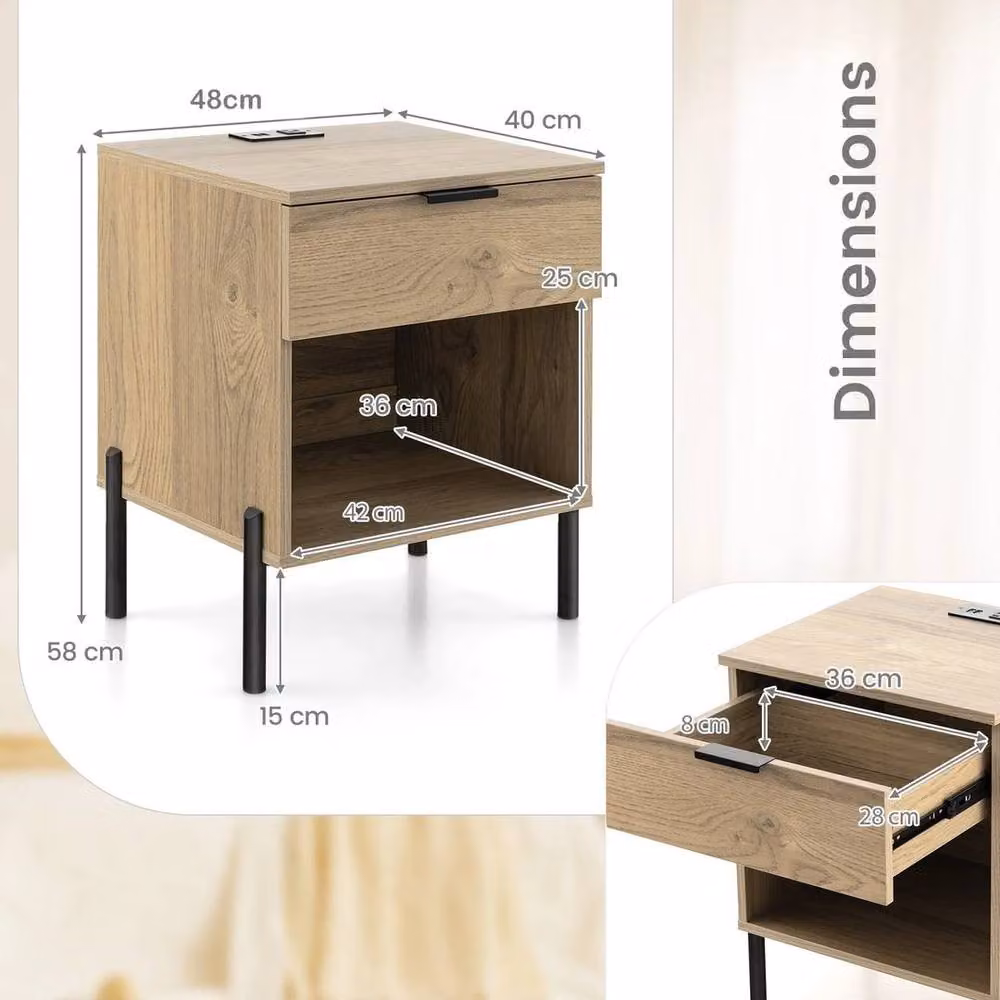 KORVIXA Mid Century Modern Nightstand with Wood Grain and Metal Legs in Brown, W/D/H: 100 x 100 x 100 cm – 2