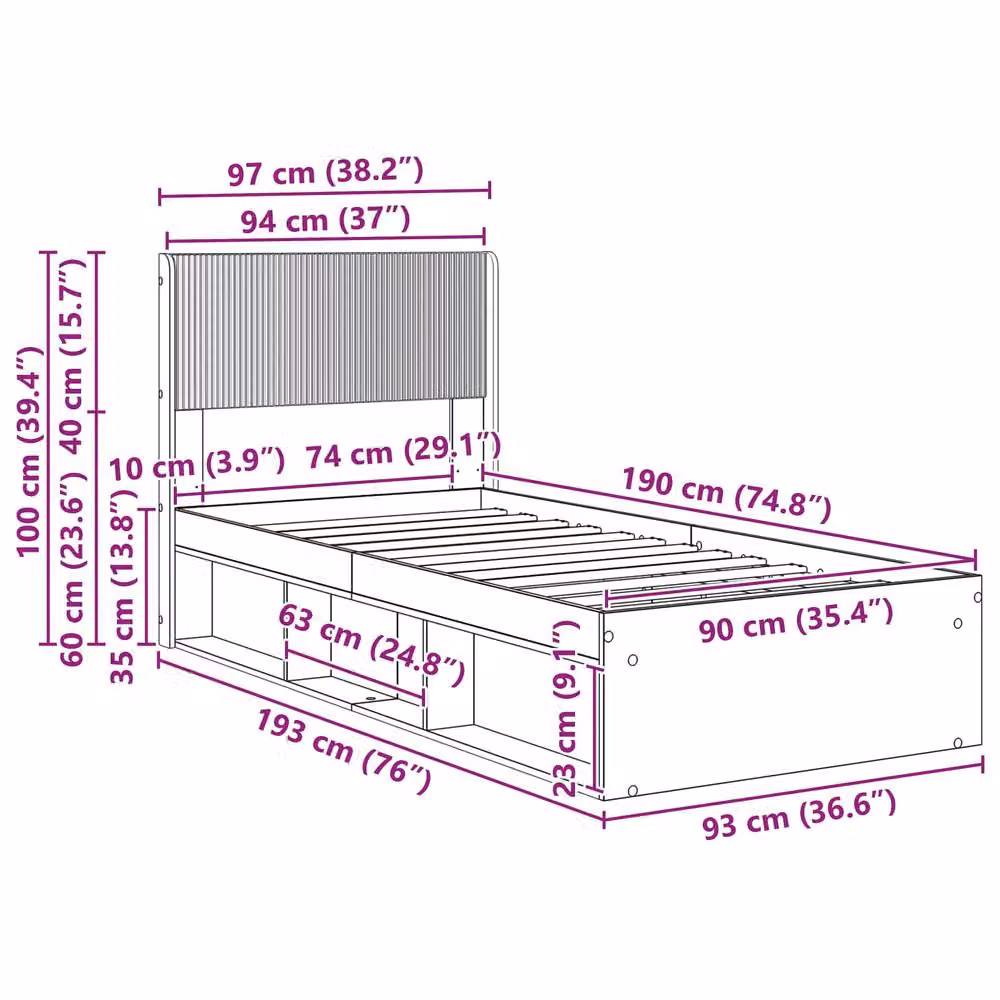 Berkfield Home Sonoma Oak Bed Frame with Storage, Headboard and Side Compartments, Brown, W: 90 cm, L: 190 cm – 3