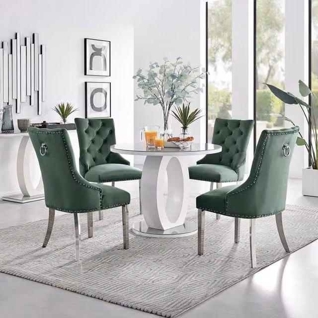 FurnitureboxUK Giovani Round Glass Dining Table and 4 Green Velvet Belgravia Chairs, Diameter: 100 cm