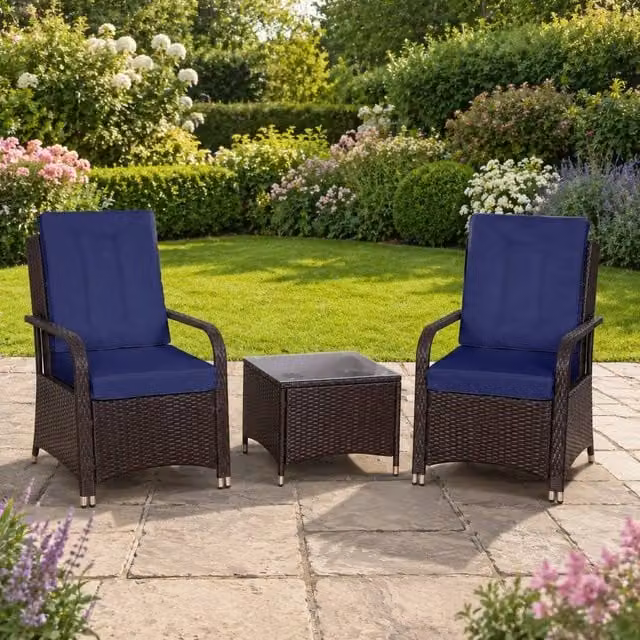 STILVORA 3-Piece Modern Bistro Set with Blue Furniture Cover and PE Rattan and Steel Construction – 1