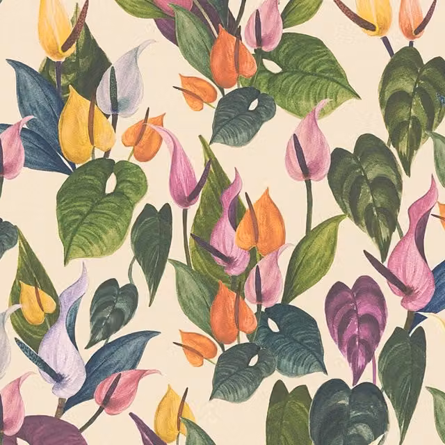 I Love Wallpaper Foliage Flow Botanical Floral Wallpaper Sample in Cream, Yellow and Beige Multicolour