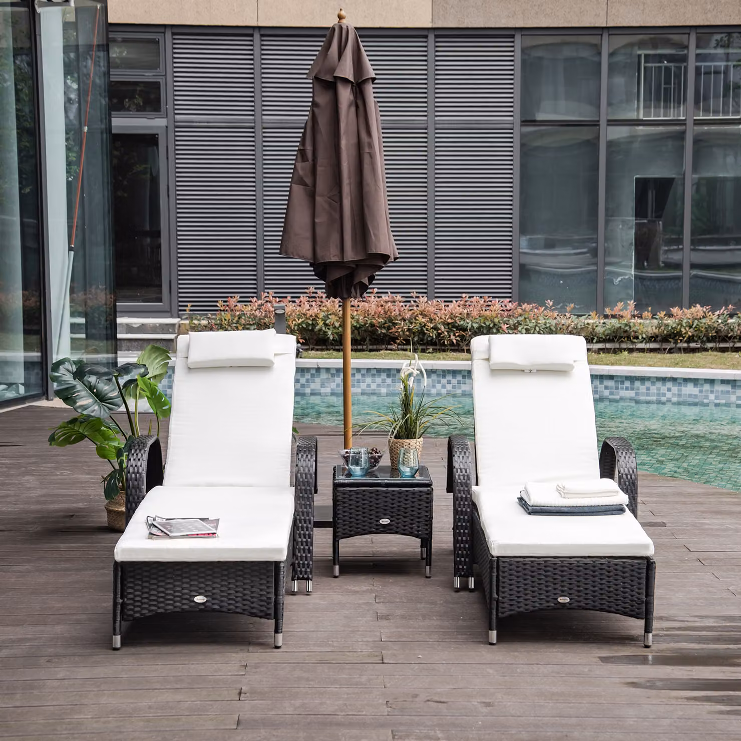 Outsunny 3 Piece Black PE Rattan Patio Lounge Chair Set with Cushions and Side Coffee Table – 4
