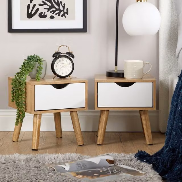 Home Source Pair of Modern White Wood Bedside Tables with 1 Drawer Each