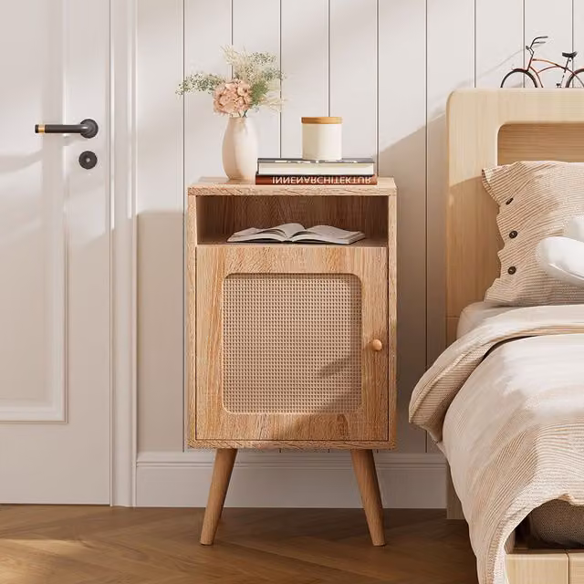 Livingandhome Boho Rattan and Wood Bedside Table in Brown and Orange