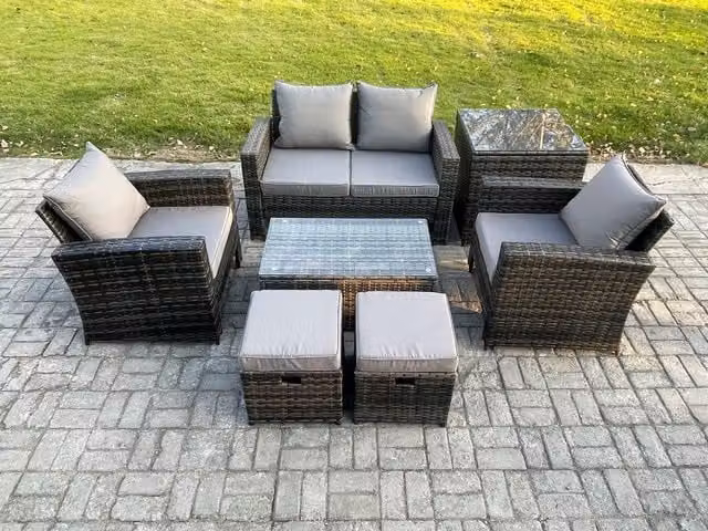 Fimous Outdoor Lounge Sofa Set in Dark Grey with Wicker PE Rattan, Double Seater Sofa, Coffee Table and Side Table