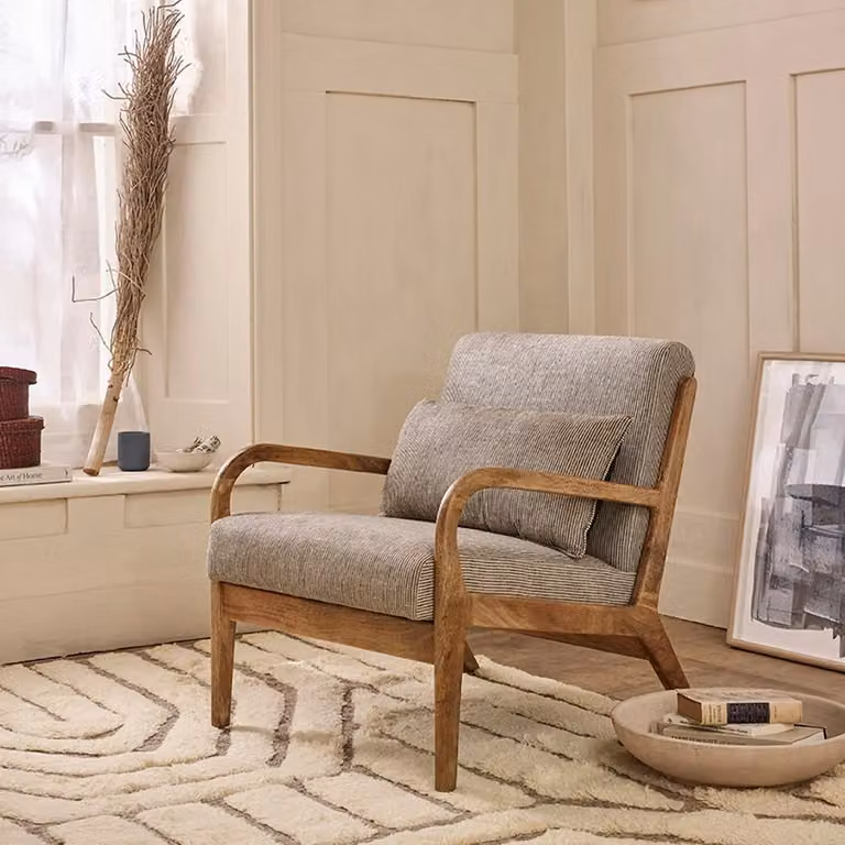 Atkin and Thyme Pip Armchair in Grey Striped Ticking Fabric with Mango Wood Frame