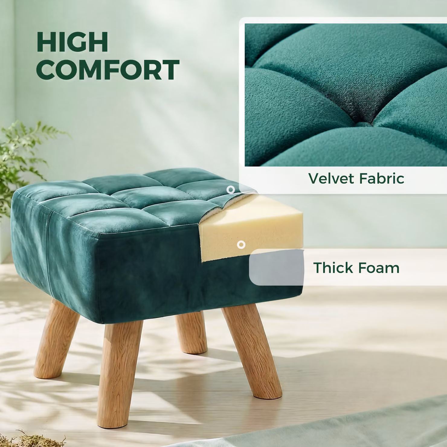 HOMCOM Velvet Rectangular Padded Footstool in Dark Green – 5