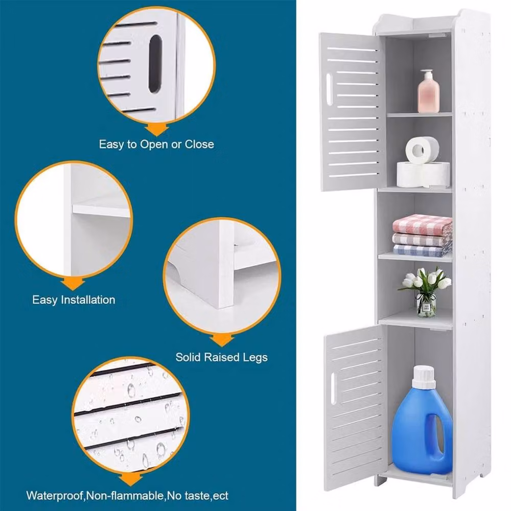 FLAVORA 5 Tier White Bathroom Floor Cabinet with Hinged Doors and Open Shelving – 2
