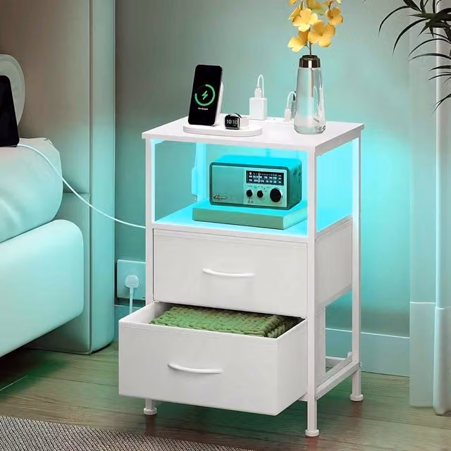 The Bazaarist Set of 2 Modern White LED Bedside Tables with USB Charging Station and Integrated Under-Bed Lighting, W/D/H: 60.45 x 39.62 x 29.97 cm