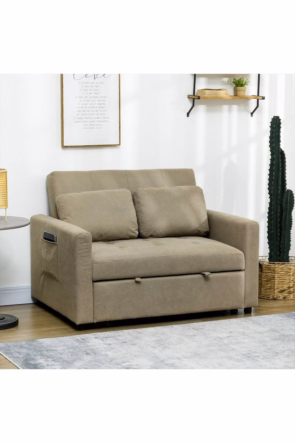 ERGOVEXA Modern Fabric Loveseat Sofa Bed in Brown and Beige with Solid Wood Frame and Pull Out Sleeping Function – 2