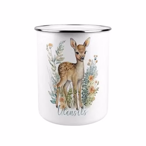 Purely Home Floral Deer Metal Utensil Holder, Multicolour and White, W/D/H: 18 x 16.5 x 16.5 cm