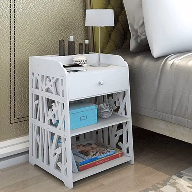 Livingandhome Modern White Hollow Carved Bird Pattern Side Table Nightstand with Drawer
