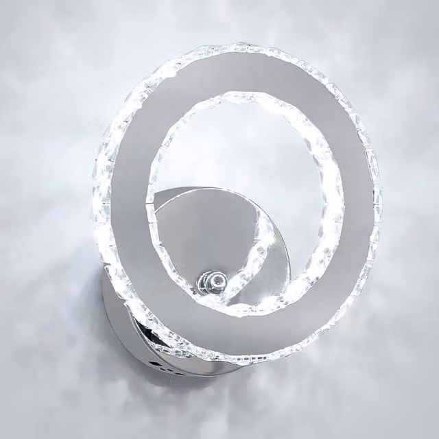 COMELY LED Wall Sconce with K9 Crystal, 16W Modern Ring Wall Mounted Lamp in Silver, 6500K Cool White