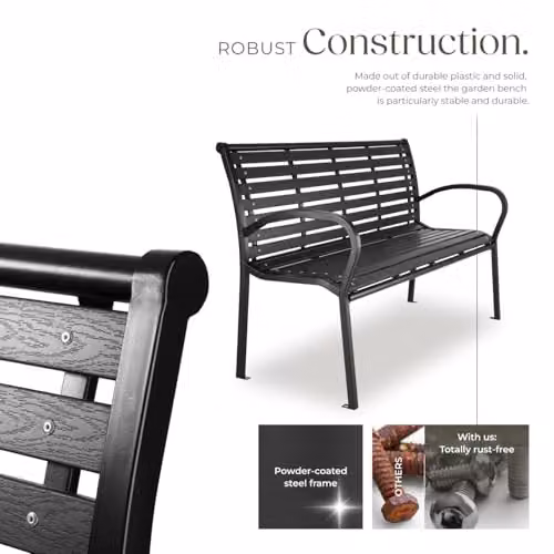 tectake 3 Seater Garden Bench with Powdered Steel Frame and Slats in Black – 4