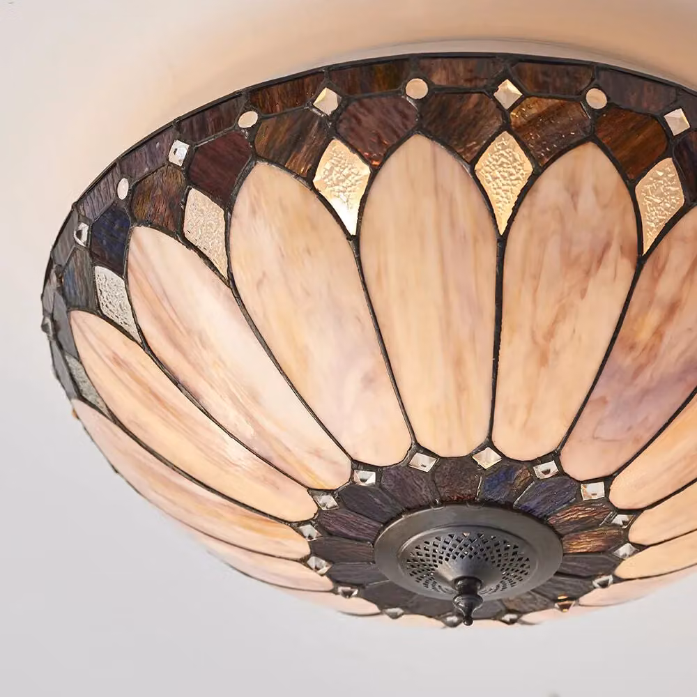 Loops Tiffany Glass Semi Flush Ceiling Light in Bronze and Transparent Glass with Round Inverted Shade – 3