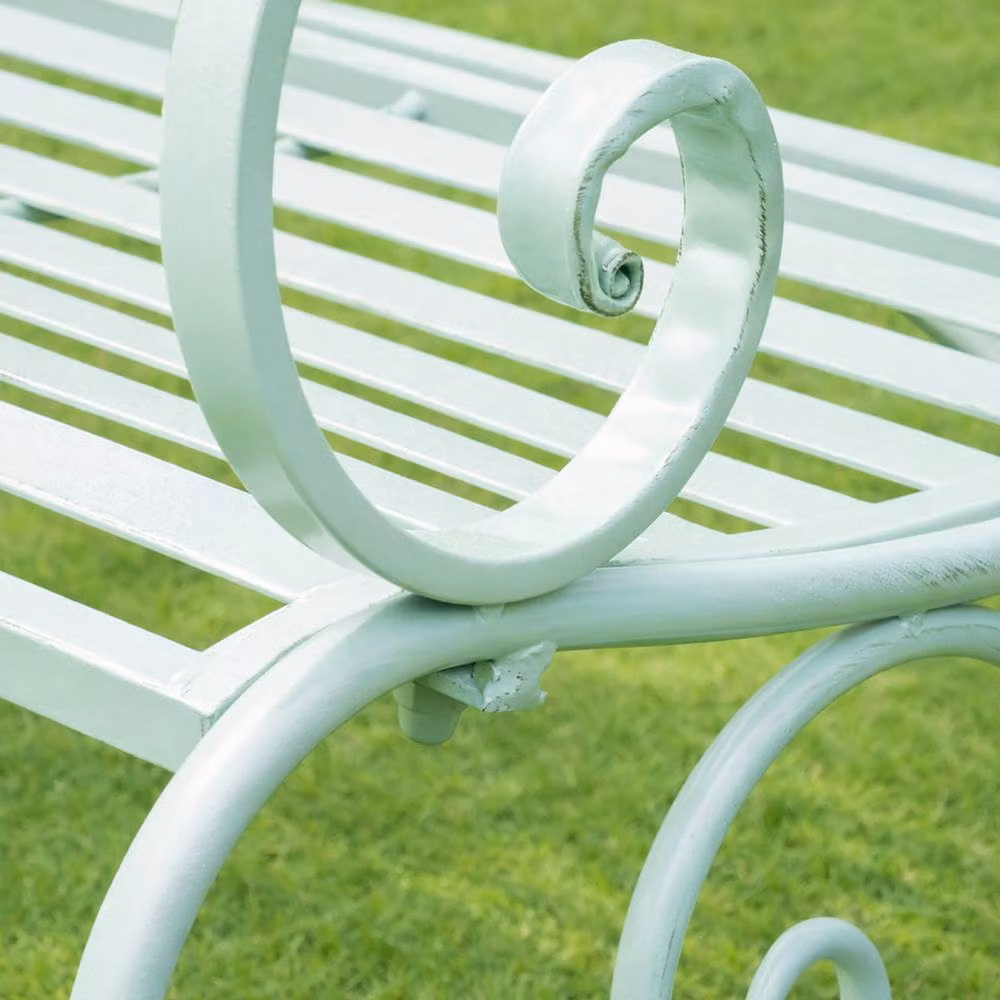 Melody Maison Sage Green Metal Ornate Distressed Garden Bench W: 100 cm, H: 92 cm, D: 92 cm – 2