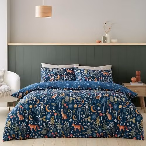 Catherine Lansfield Enchanted Twilight Animals Reversible Double Duvet Cover and Pillowcase Set, Blue, W/D/H: 200 x 200 cm, Pillowcase: 50 x 75 cm