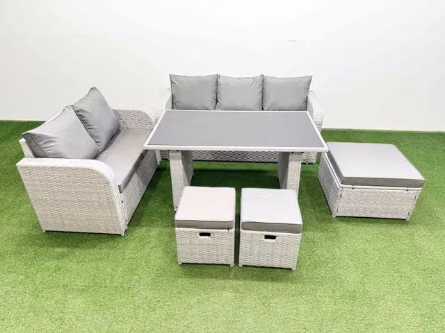 Fimous Modern Garden Furniture Set with Rectangular Dining Table and 3 Stools in Light Grey