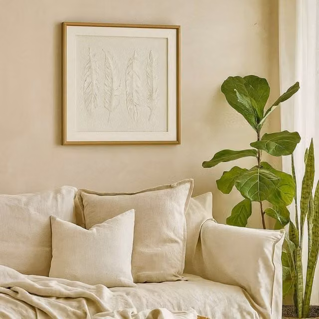 Wyld Haus Les Vans White Feathers Framed Wall Art with Brown Beaded Natural Wood Frame, W: 50 cm, H: 50 cm