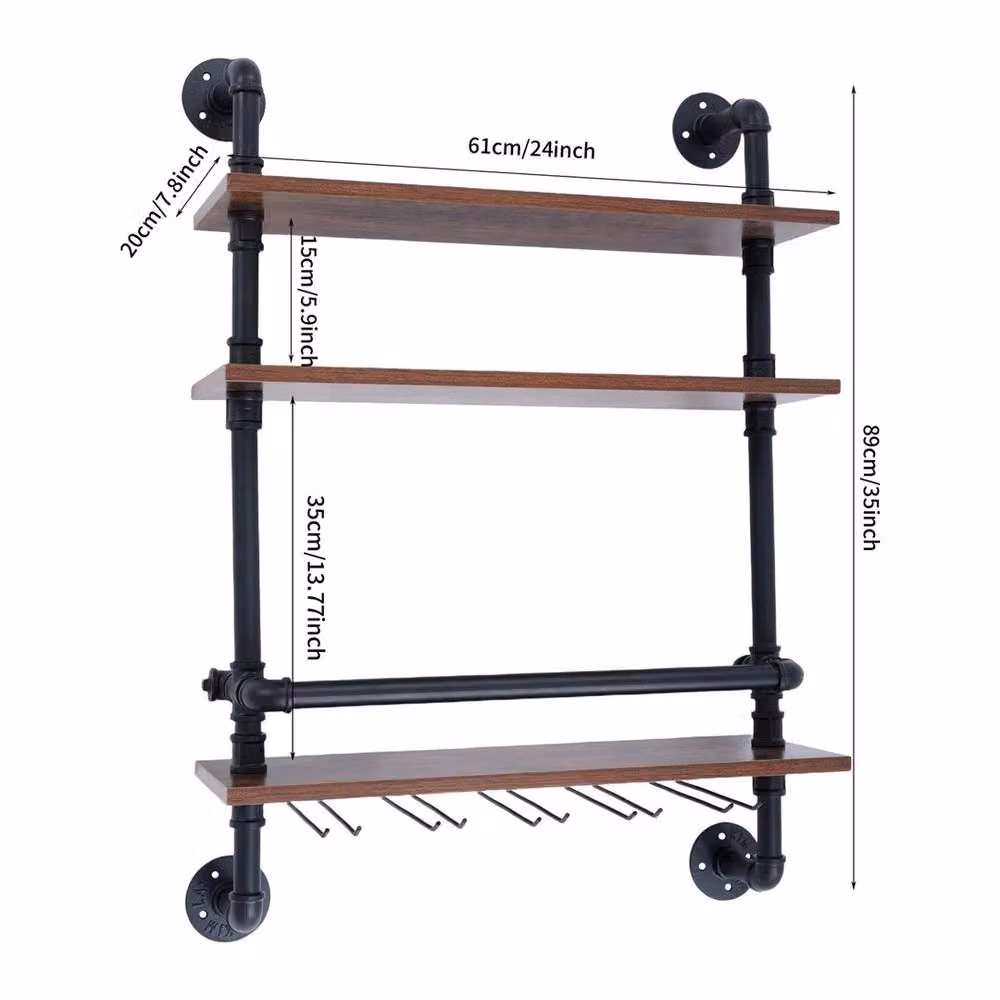 VOGREX 3-Tier Industrial Wall Mounted Wine Bottle Storage Rack in Brown – 2