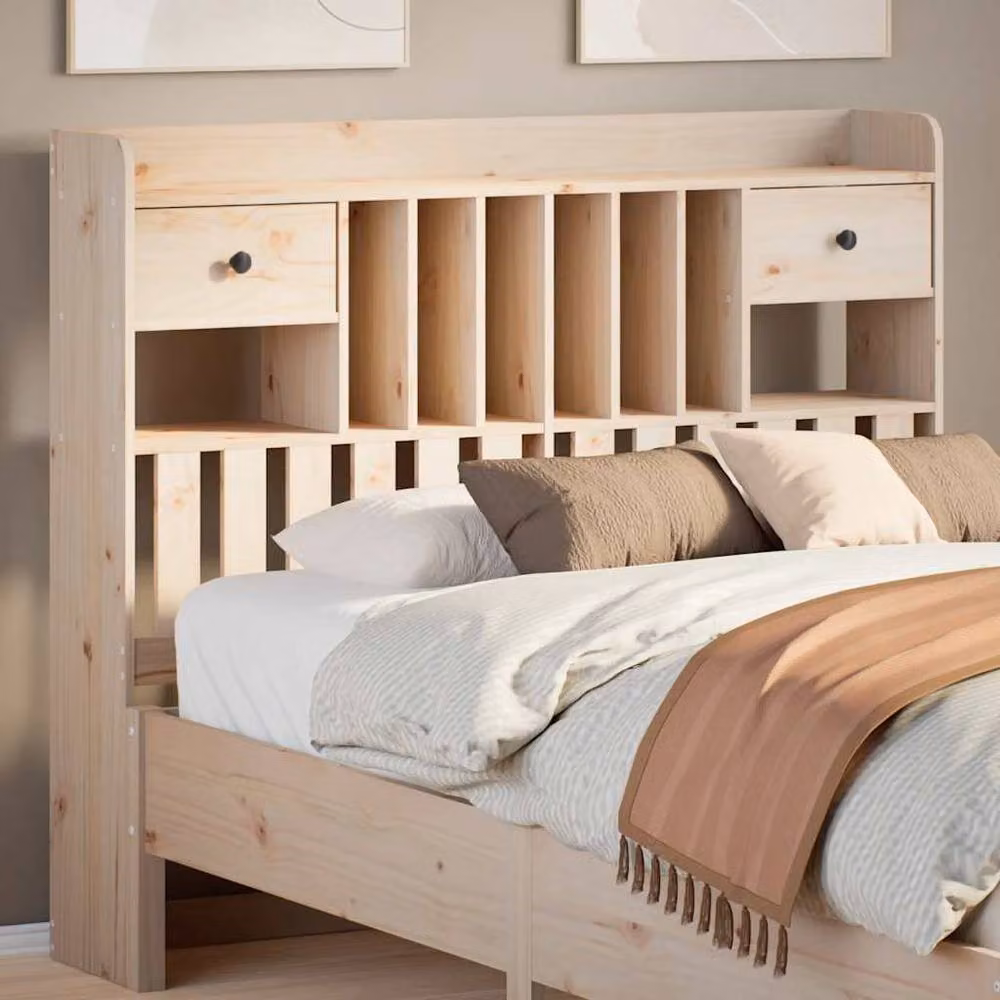Berkfield Home Solid Wood Pine Headboard with Integrated Bedside Shelf and Storage in Natural, W: 141 cm, H: 110 cm, D: 23 cm – 2