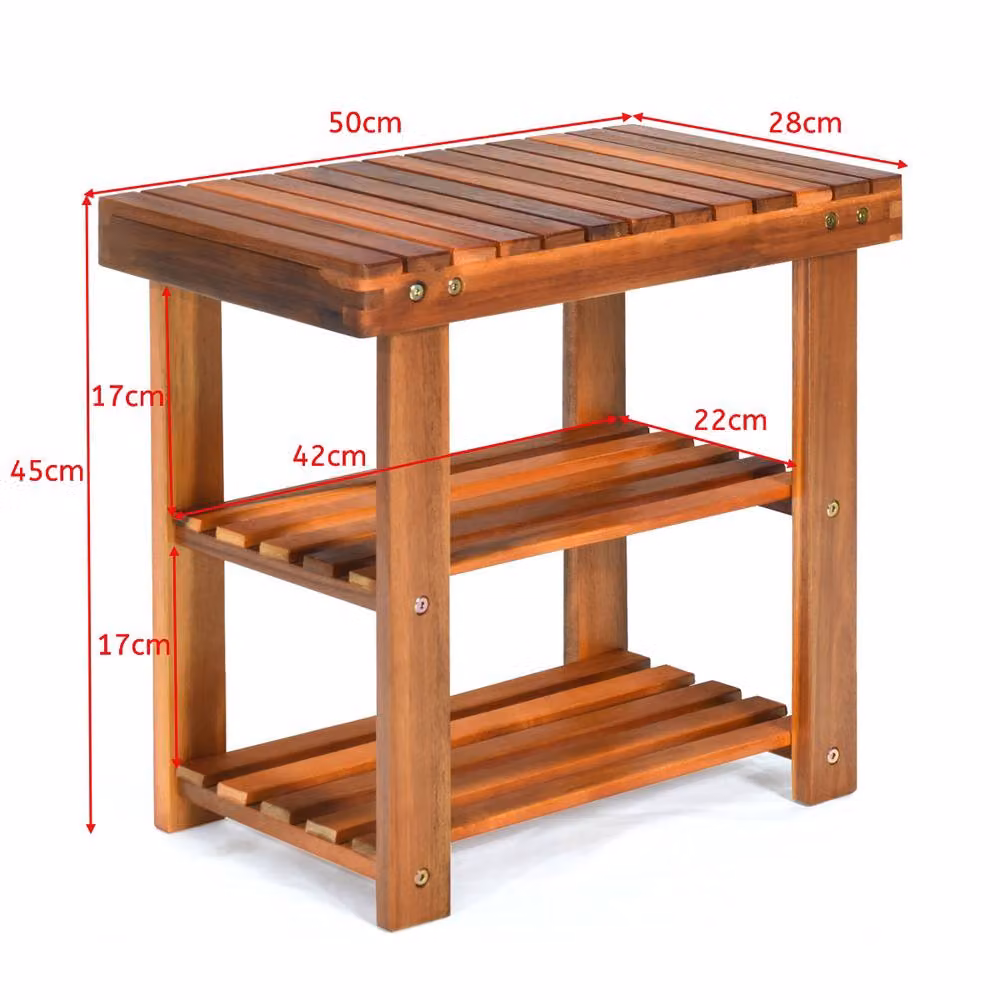 Costway 3-Tier Acacia Wood Shoe Rack Bench in Brown, W/D/H: 50 x 28 x 45 cm – 2