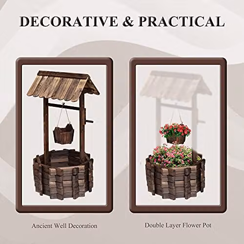 Outsunny Brown Wooden Wishing Well Planter with Hanging Bucket – 3