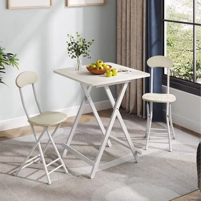 Komore White Metal Frame Folding Dining Table and 2 Folding Chairs Set
