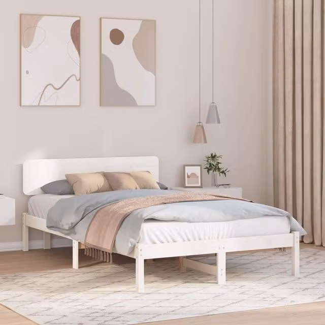 Berkfield Home White Solid Pine Wood Bed Frame with Headboard W: 135 cm, D: 190 cm, H: 74 cm