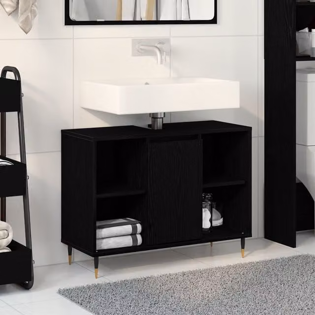 Berkfield Home Modern Black Oak Vanity Unit with Internal Shelves and Open Shelf Storage – 1