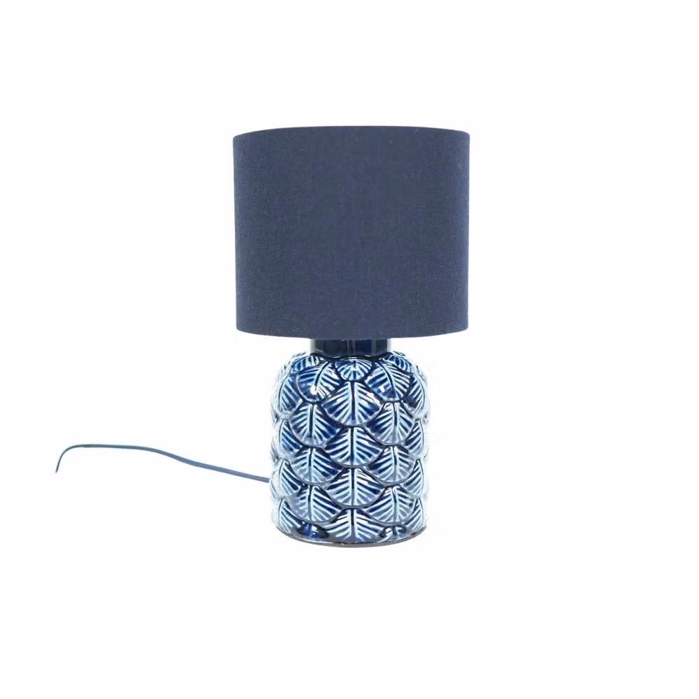 ValueLights Set of 2 Blue and Beige Ceramic Table Lamps with Fabric Cylinder Shades – 6