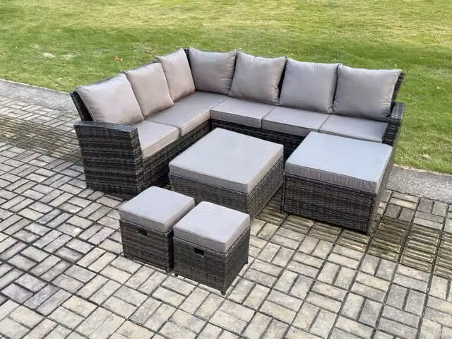 Fimous 10 Seat Rattan Garden Furniture Set in Dark Grey with Corner Sofa, Coffee Table and Ottoman