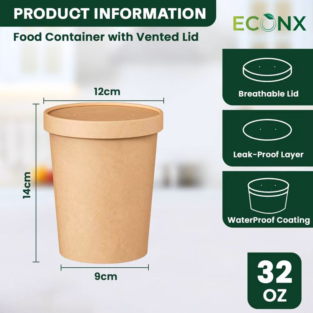 ECONX Disposable Brown Paper Soup Cups and Salad Bowls with Lids, 32oz, 100 Pieces – 4