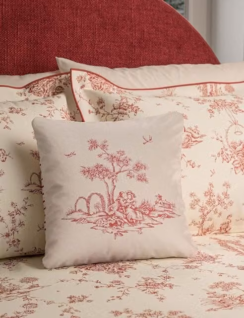 V&A Floral Pure Cotton Velvet Square Cushion in Beige, White and Multicolour