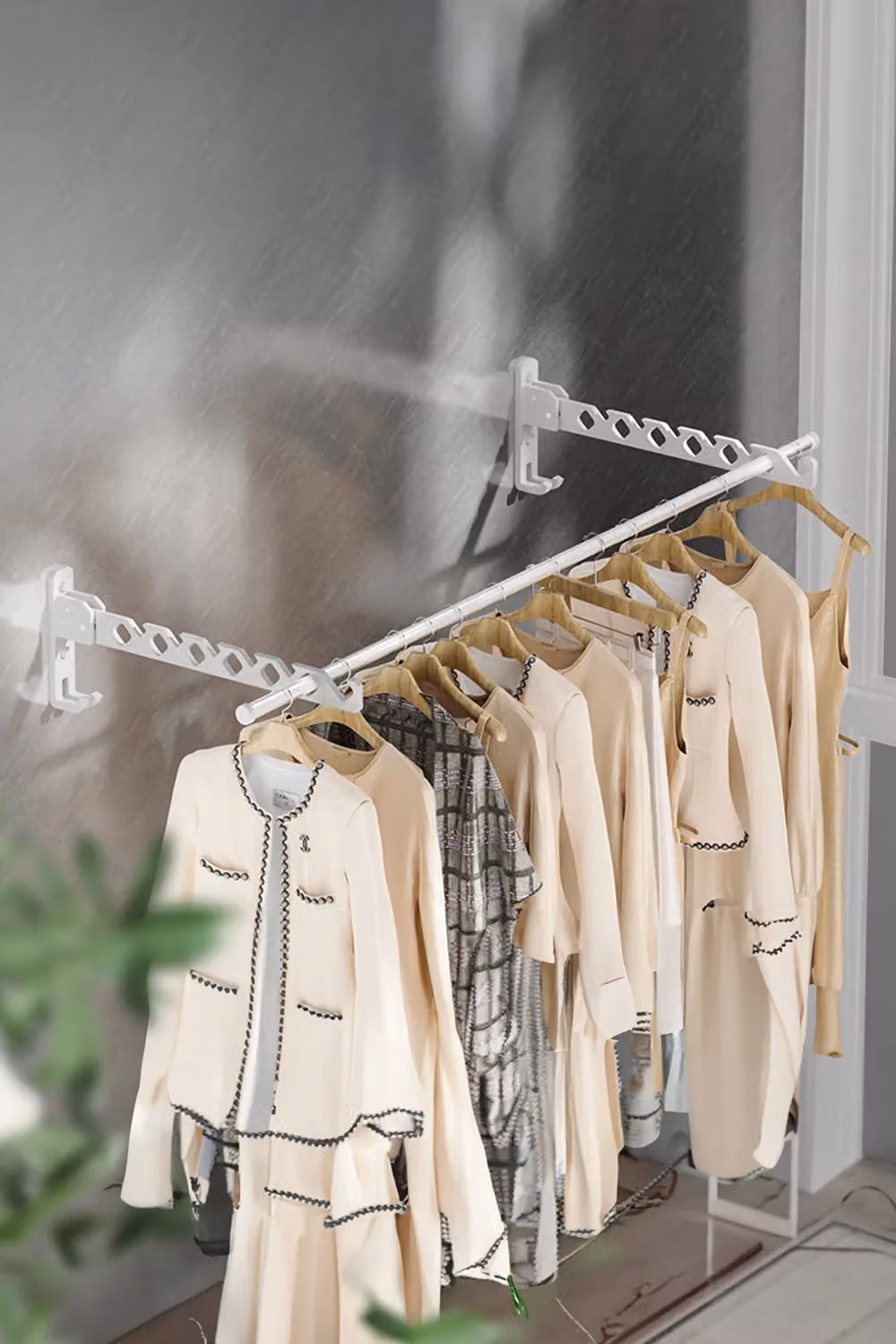 Living and Home 2-Piece Foldable Wall Mounted Clothes Drying Rack with Hooks in White – 2