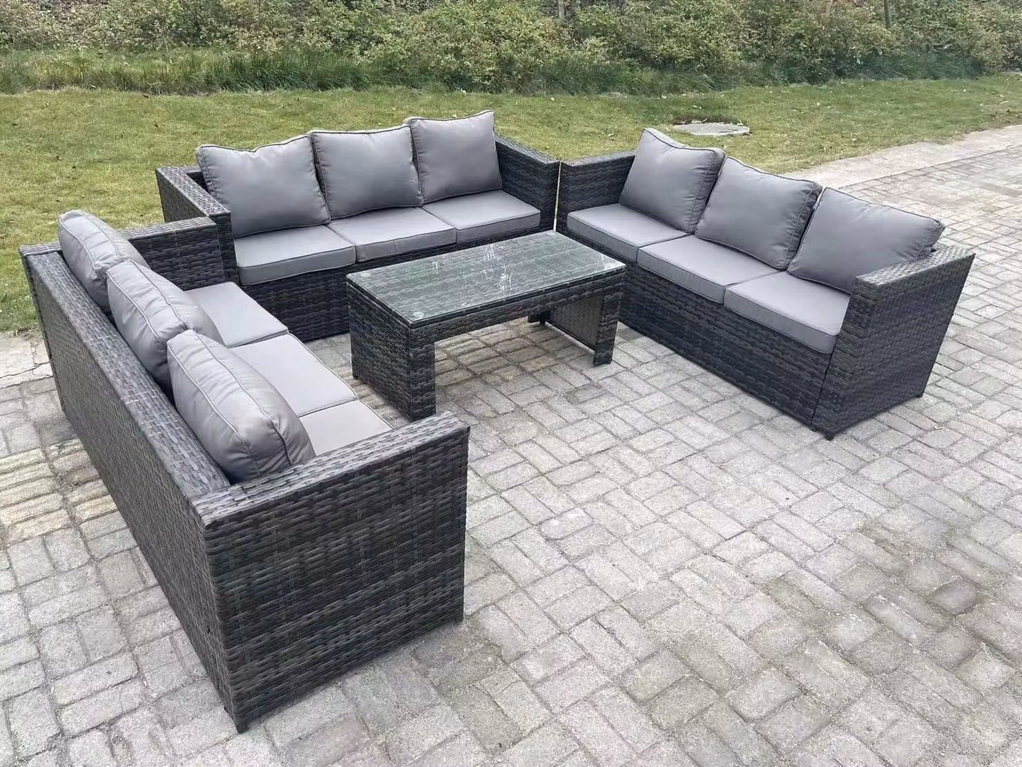 Fimous Outdoor 3 Piece Rattan Garden Furniture Lounge Sofa Set with Coffee Table in Dark Grey – 3