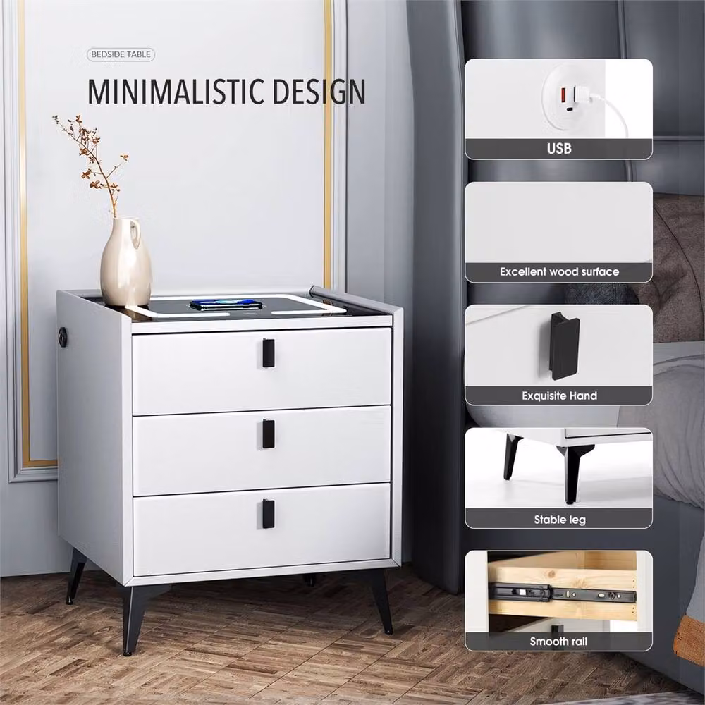 SPETLEK Modern White Glossy Bedside Table with Integrated LED Lighting and Wireless Charging – 4