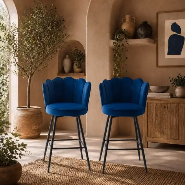 Wyld Haus Set of 2 Lotus Bar Stools in Blue Velvet with Metal Upholstered Frame