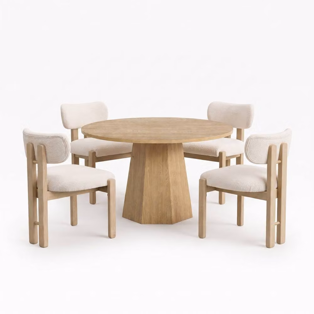 FENCHILIN Rustic Round Dining Table and 4 Boucle Chairs Set in Light Oak – 2
