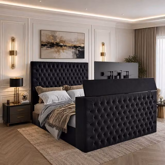KDMD Annan Upholstered Soft Velvet TV Bed Frame with Lift Up Base, Black, W/D/H: 200 x 152 x 189 cm