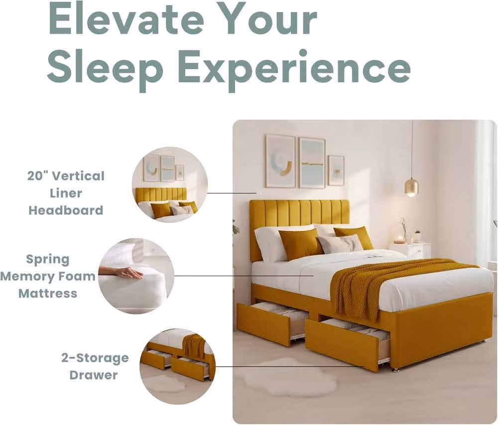 Bed Time UK Luxe Super King Divan Bed with 20in Headboard, Memory Foam Hybrid Mattress and 2 Drawers, Yellow Fabric – 2